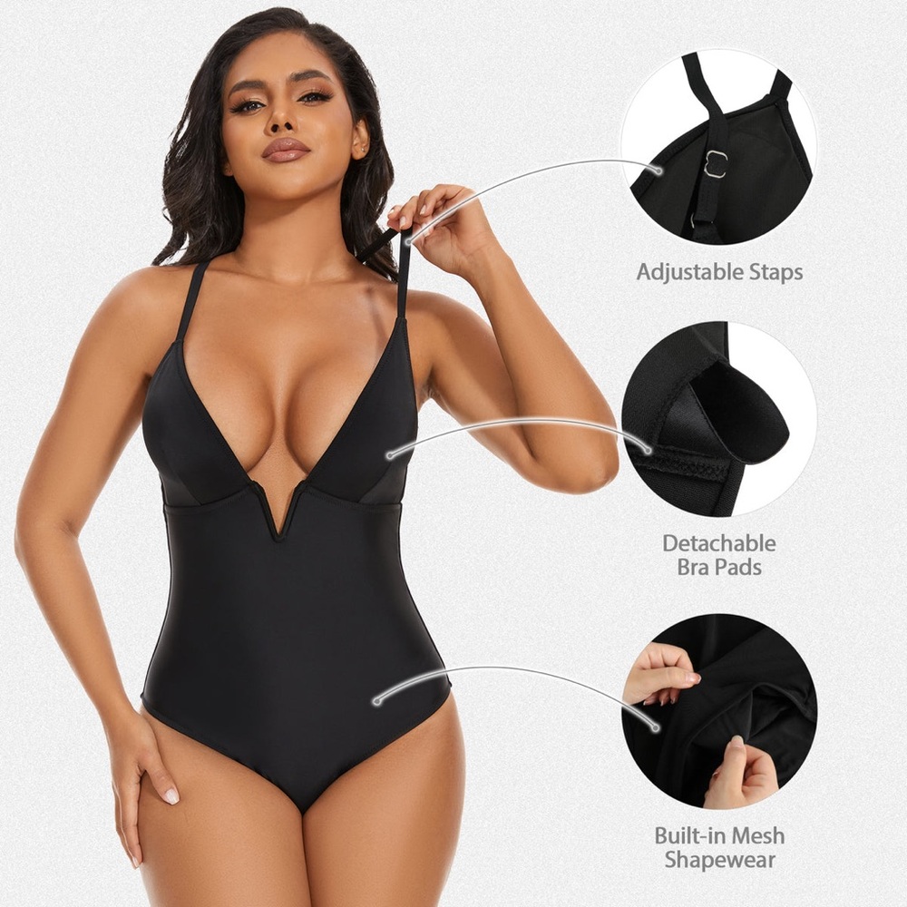 Shaperin Tummy Control Deep V Neck Shapewear Swimsuit Black Women’s Size XL - Picture 4 of 10